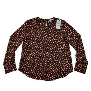 Mango‎ Suit Womens Small Black Red Abstract Print Long Sleeve Keyhole Blouse NWT